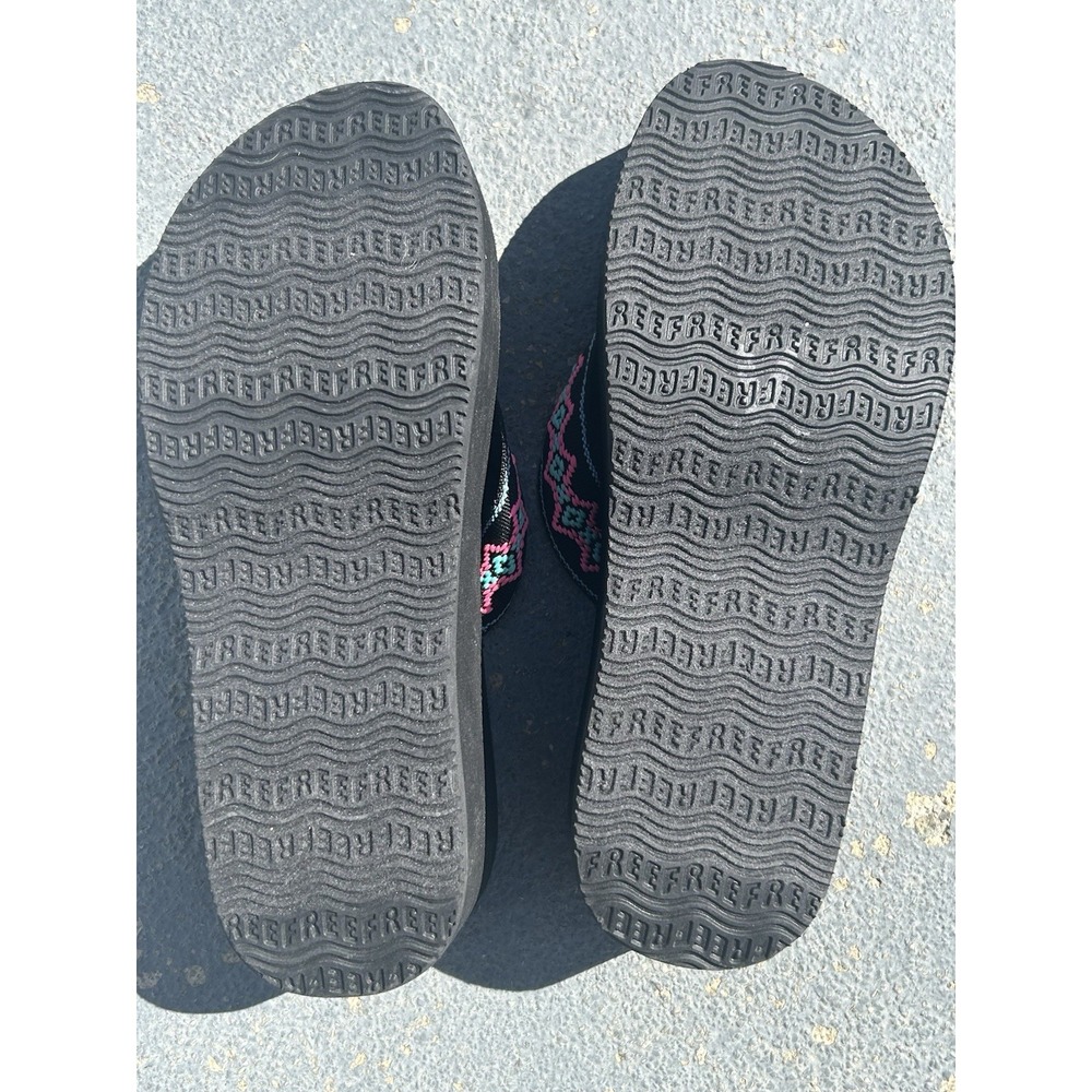 Reef Sandy HI Platform Flip Flops Sz 8 Black‎ Pink Embroidered Beach Sandals - Picture 4 of 5